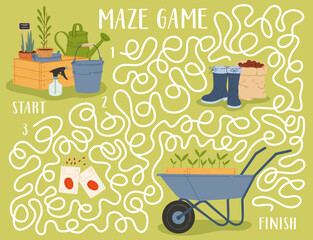 Labyrinth maze game, find the farm and gardening tools vector worksheet. Kids puzzle, riddle or education quiz with cartoon farmer equipment and spring garden plants, flower pots, buckets, wheelbarrow