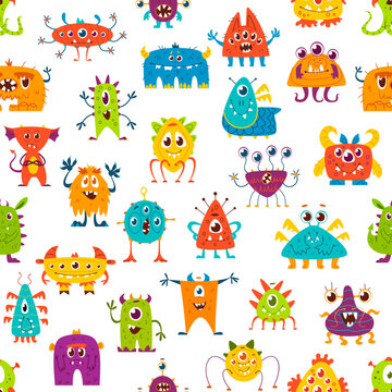 Cartoon monster characters seamless pattern. Funny Halloween monsters and cute alien creatures vector background of colorful beasts with happy smiling faces, teeth, crazy eyes, wings and horns