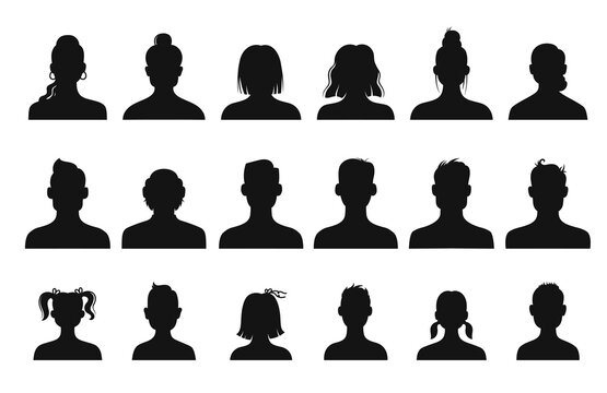Avatar profile silhouettes of kid, people and senior. Vector anonymous portraits of male and female persons. Social media user profile avatars of man, woman, girl and boy head and shoulder silhouettes