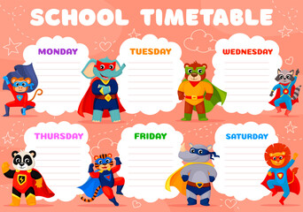 School timetable schedule, cartoon superhero animal characters in super hero capes and masks. Class planner, week time table or study plan in background frame with bear, lion, raccoon and panda
