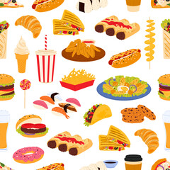 Fast food seamless pattern. Vector background of junk food with cartoon pizza, burger, hot dog and hamburger, soda drink, chicken wings and french fries. Fastfood restaurant or cafe menu backdrop