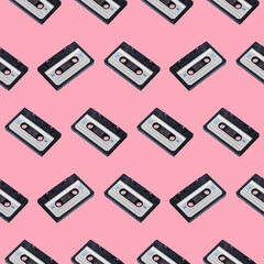 Seamless pattern of audio cassettes on a pink background, retro devices.