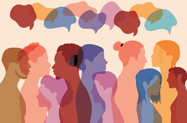 Multiethnic communication. Confusion and disorganisation. Globalisation and speech bubbles. Multicultural population. People talk in crowds.