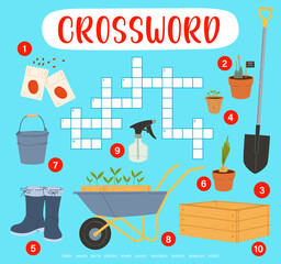 Crossword quiz grid, farm and gardening tools. Game or puzzle vector worksheet with farmer equipment. Shovel, bucket, seeds and seedling, flower pot, boots, wood box and spray, agriculture riddle game