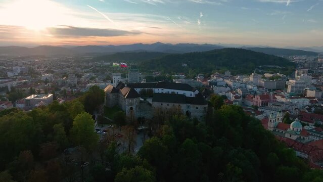 Aerial video of downtown Ljubljana in Slovenia on a beautiful sunset