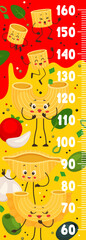 Kids height chart ruler. Cartoon italian pasta characters growth measure meter with scale. Vector personage of cute macaroni food, wall stadiometer sticker with funny conchiglie, creste and ditalini