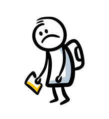 Very sad pupil character going home with schoolbag and bad marks.