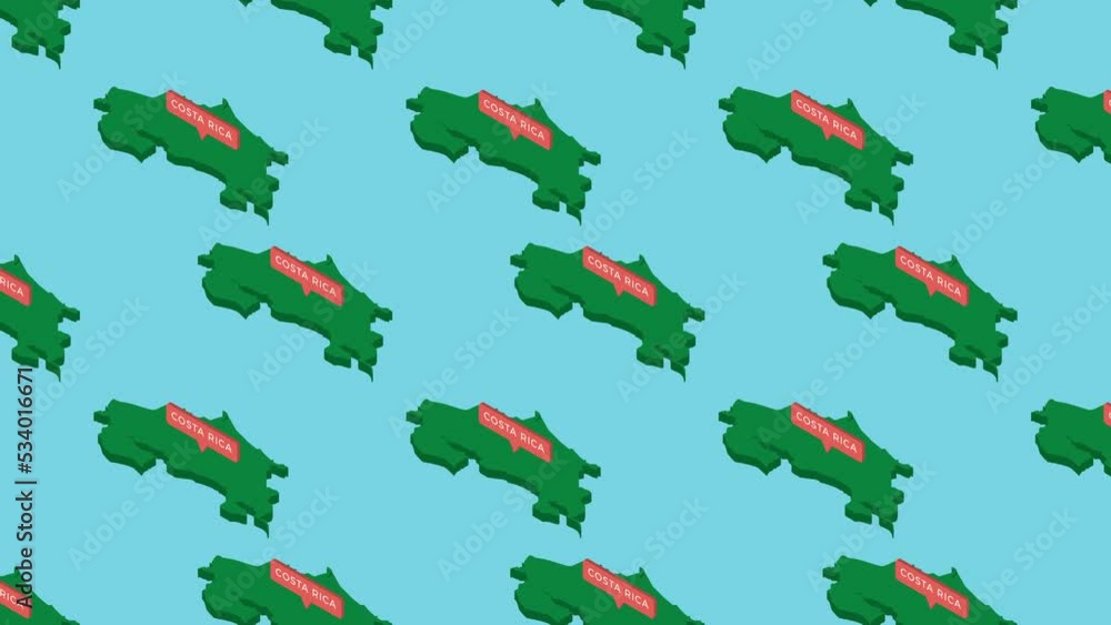 Poster green isometric maps of country costa rica with orange pointer on a blue background. seamless loop h