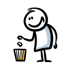Doodle hand drawn character throwing garbage in the bin.