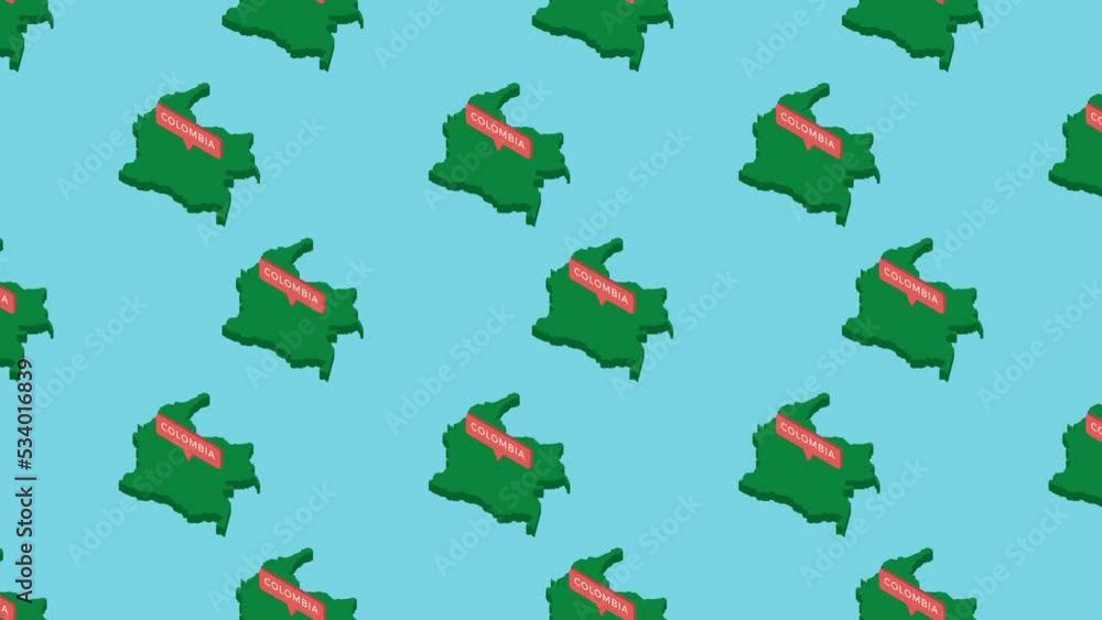 Poster green isometric maps of country colombia with orange pointer on a blue background. seamless loop hor