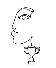 Woman silhouette face with trophy as line drawing picture on white