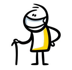 Doodle image of old man with stick and in mask.