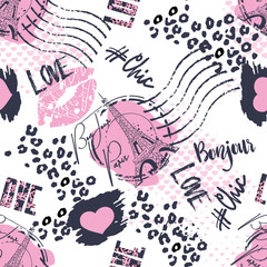 Fashion seamless pattern. Bonjour Paris. pattern with original calligraphic fonts, sketch Eiffel Tower and heart. for  fashion clothes, t shirt, child, wrapping paper. Creative girlish design  