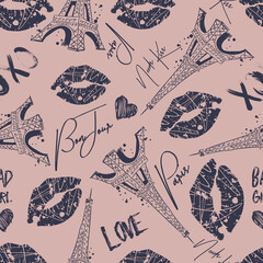 Fashion seamless pattern. Bonjour Paris. pattern with original calligraphic fonts, sketch Eiffel Tower and heart. for  fashion clothes, t shirt, child, wrapping paper. Creative girlish design   © SokolArtStudio
