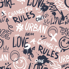 Urban seamless pattern street art graffiti slogan print with spray effect for graphic tee, fashion wear, wrapping paper and more - Vector
