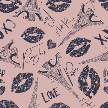 Fashion seamless pattern. Bonjour Paris. pattern with original calligraphic fonts, sketch Eiffel Tower and heart. for  fashion clothes, t shirt, child, wrapping paper. Creative girlish design  