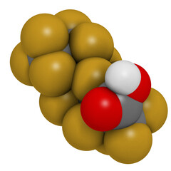 Perfluorooctanoic acid (PFOA, C8) molecule. Important and persistent pollutant.