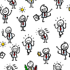 Naklejka premium Seamless pattern of cute doodle characters of office life.