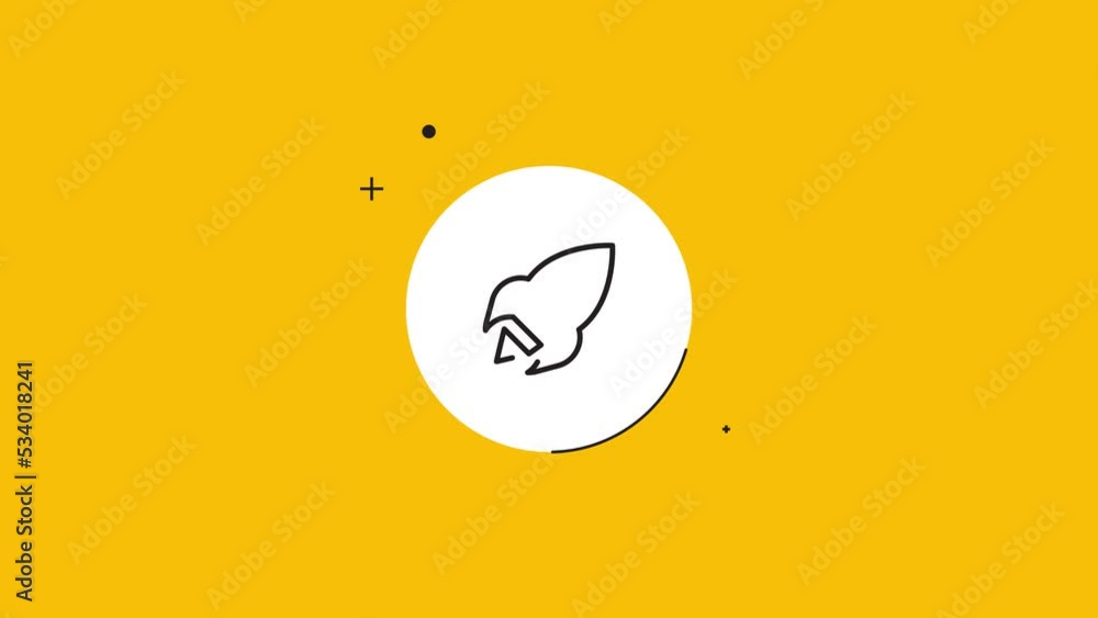 Aufkleber thin line rocket icon in white circle with black dynamic line on a yellow background. seamless loop 