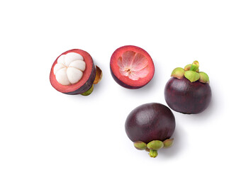 Top view of Mangosteen with cut in half isolated on white background. Clipping path.