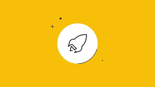 Thin line Rocket icon in white circle with black dynamic line on a yellow background. Seamless loop dynamic symbol rolling in the center