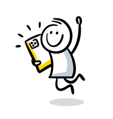 Happy doodle man jumping of joy with new smart phone in arms.