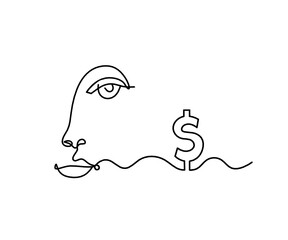 Woman silhouette face with dollar as line drawing picture on white