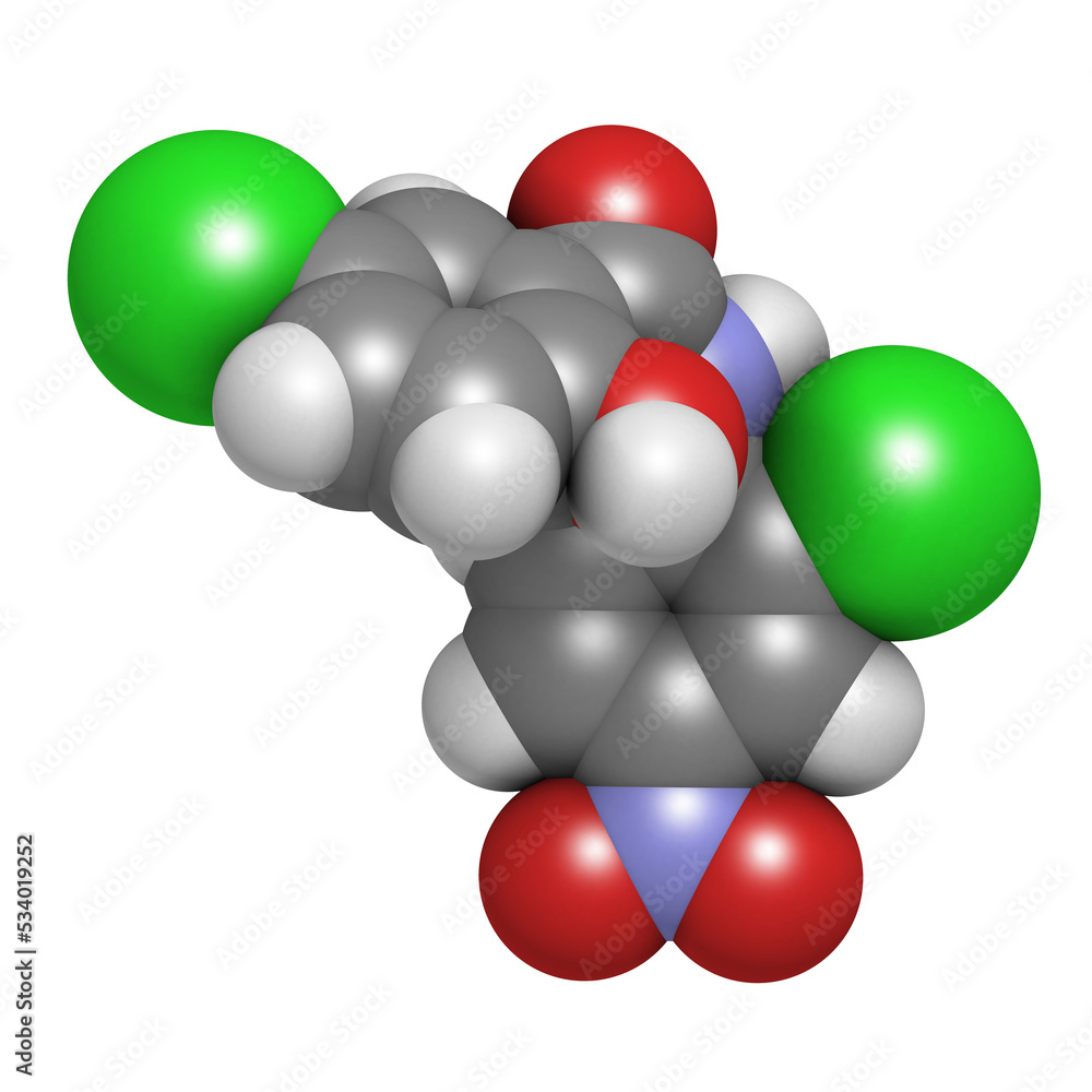 Sticker Niclosamide tapeworm drug molecule (anthelmintic). May be useful as antidiabetic drug, acting as a mitochondrial uncoupler. 3D rendering.