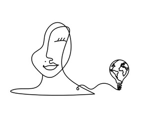 Woman silhouette face with globe light bulb as line drawing picture on white