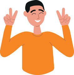 	
A happy person, gesturing a peace sign and sincerely smiling man. Body language, nonverbal communication, positive emotion. Vector illustration isolated