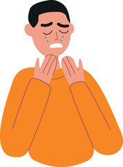 A sad crying person with falling tears on the face. Unhappy man depressed face expression. Screaming, feeling pain. Body language, nonverbal communication, negative emotion. Vector illustration
