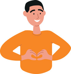 A happy smiling person gestures a heart sign with his hands. Approval, like man, love. Body language, nonverbal communication, positive emotion and face expression. Vector illustration isolated