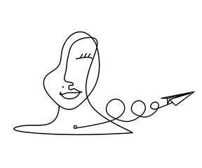 Woman silhouette face with paper plane as line drawing picture on white