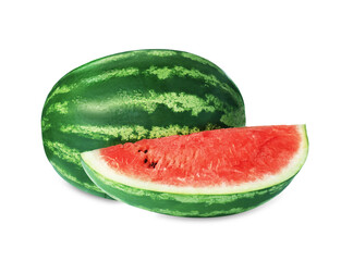 Whole and cut fresh juicy watermelons isolated on white