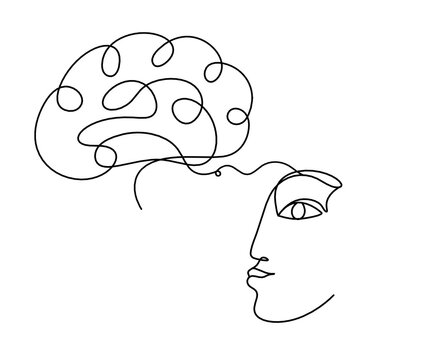 Woman silhouette face with brain as line drawing picture on white