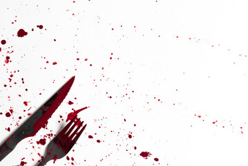horror halloween, plate and cutlery with trace of blood
