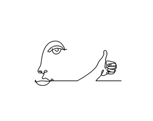 Woman silhouette face with hand as line drawing picture on white