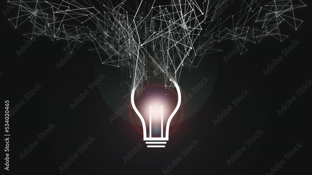 Poster wireframe point connecting network arises from symbol of light bulb on black background. concept for