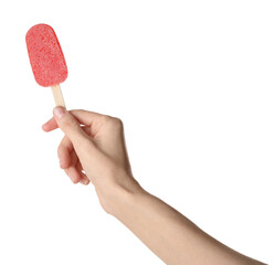 Woman holding tasty fruit ice pop on white background, closeup