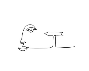 Woman silhouette face with direction as line drawing picture on white