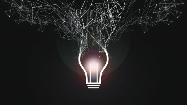 Wireframe point connecting network arises from symbol of light bulb on black background. Concept for complex business ideas, brainstorming solution