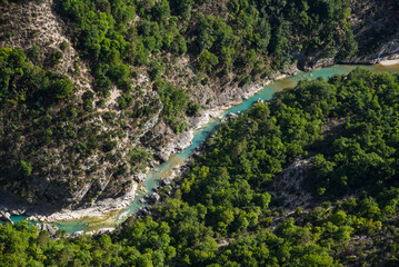 Aerial view of the bottom of the Verdon canyon in France. River flowing in the canyon.