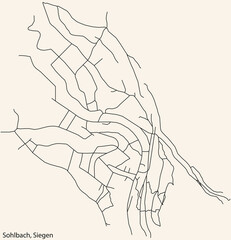 Detailed navigation black lines urban street roads map of the SOHLBACH QUARTER of the German regional capital city of Siegen, Germany on vintage beige background
