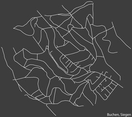 Detailed negative navigation white lines urban street roads map of the BUCHEN QUARTER of the German regional capital city of Siegen, Germany on dark gray background