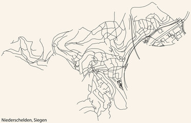 Detailed navigation black lines urban street roads map of the NIEDERSCHELDEN QUARTER of the German regional capital city of Siegen, Germany on vintage beige background