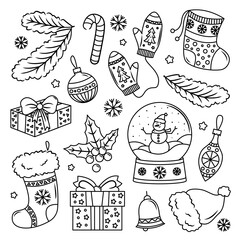 A set of Christmas elements. Colorful vector festive items. Christmas illustration. Christmas decoration clipart. Contour Design for colorings