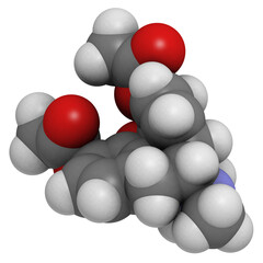 heroin (diacetylmorphine) narcotic drug, molecular model.