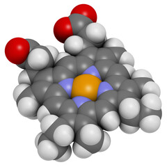 Heme B (haem B) molecule. Heme is an essential component of hemoglobin, myoglobin, cytochrome, catalase and other metalloproteins. 3D rendering.