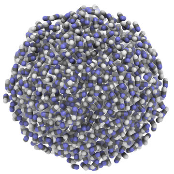 Hydrogen cyanide (HCN, prussic acid) molecules, liquid sphere model.