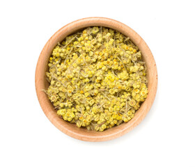 Dried immortelle herbs in bowl isolated on white, top view